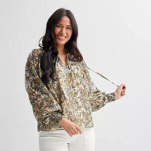 Farmers Market Women's Size XL Embroidered Floral Metallic Sheer Boho Blouse